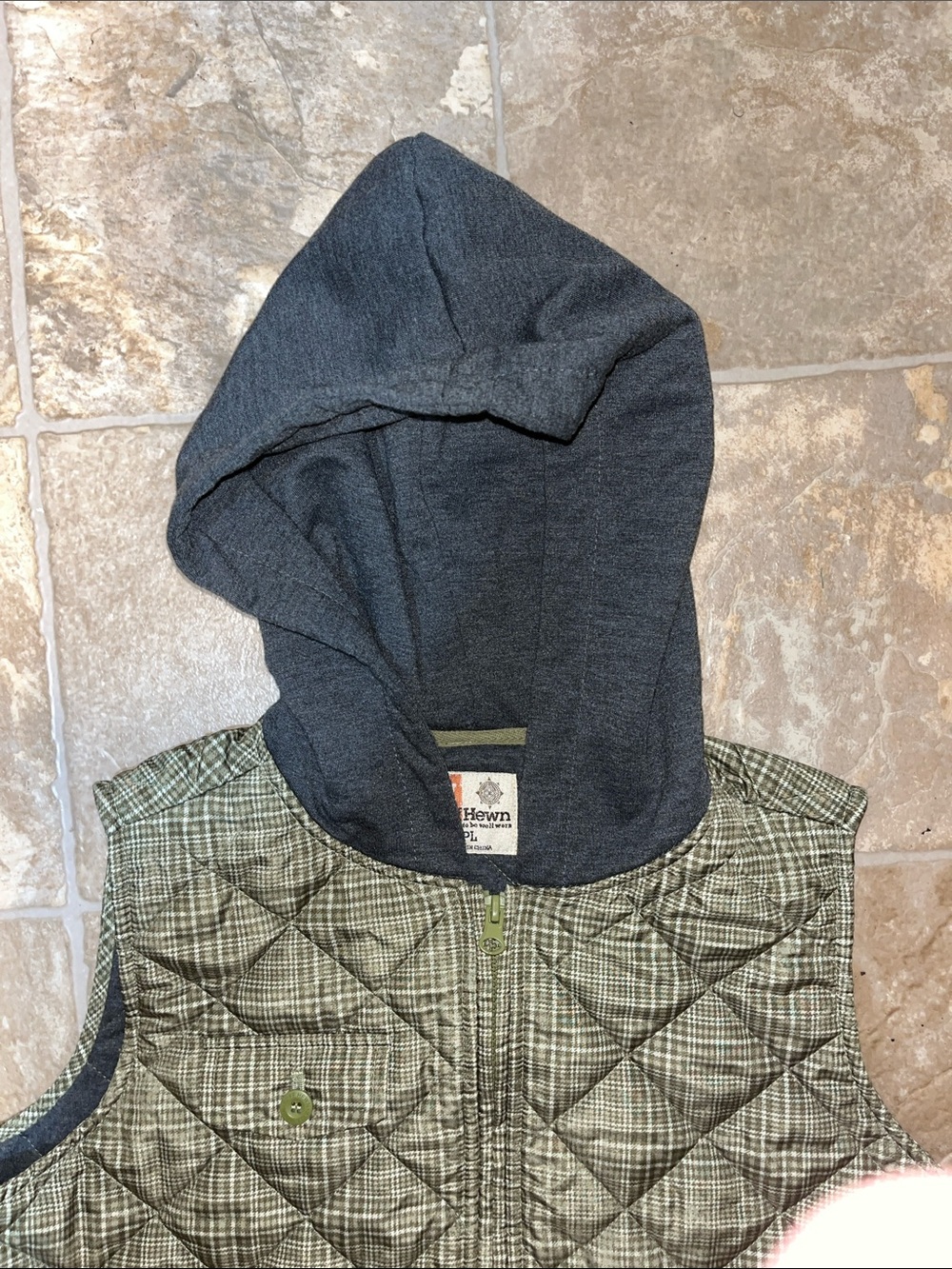 Ruff Hewn Olive Plaid Quilted Vest with Dark Gray Hood - Picture 2 of 11